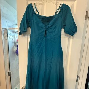Teal below the knee off or on shoulder dress farm Rio Brazil adjustable straps